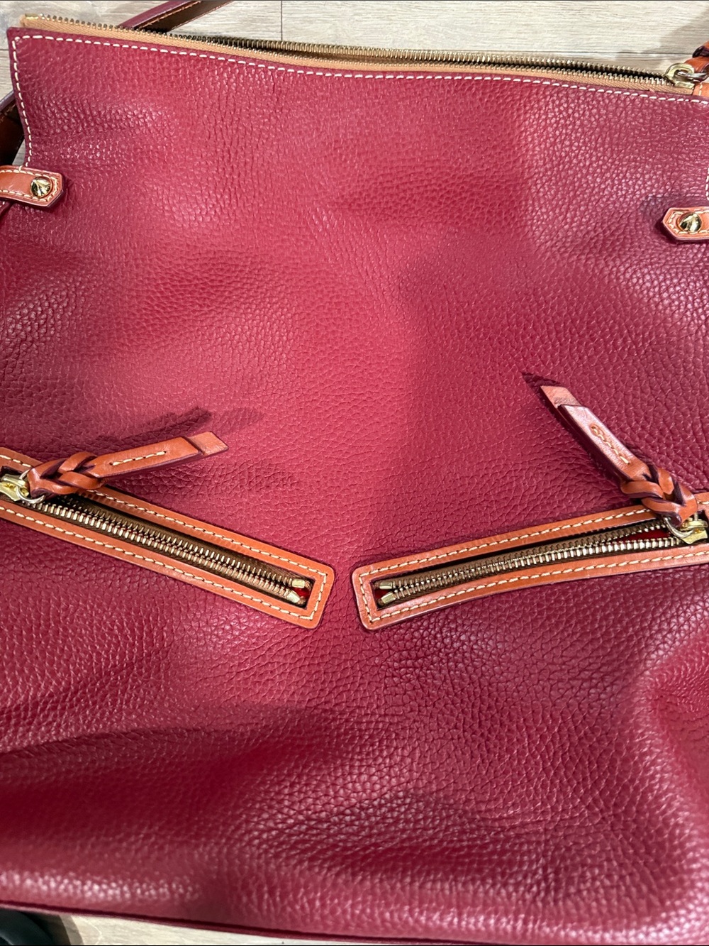 Dooney & Bourke cranberry Leather Shoulder Bag with Tan Trim - Picture 6 of 11
